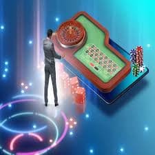 Tampilan sesi permainan live kasino dengan dealer profesional dalam nuansa gelap neon